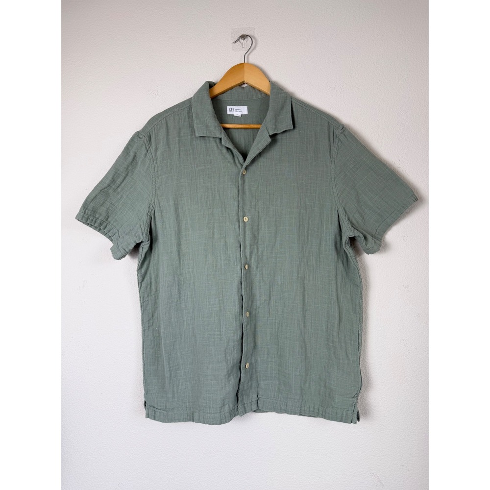 GAP Men Crinkle Cotton Gauze Shirt L Green Short Sleeve Camp Collar Beach Resort